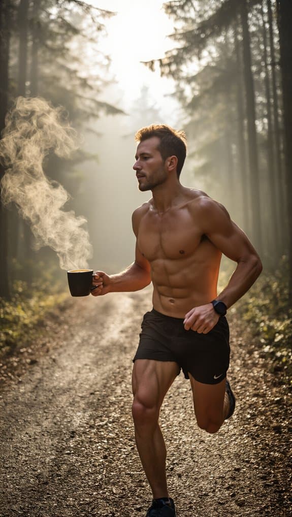 A muscular man running shirtless through a forest trail while holding a steaming cup of coffee in the early morning sunlight.