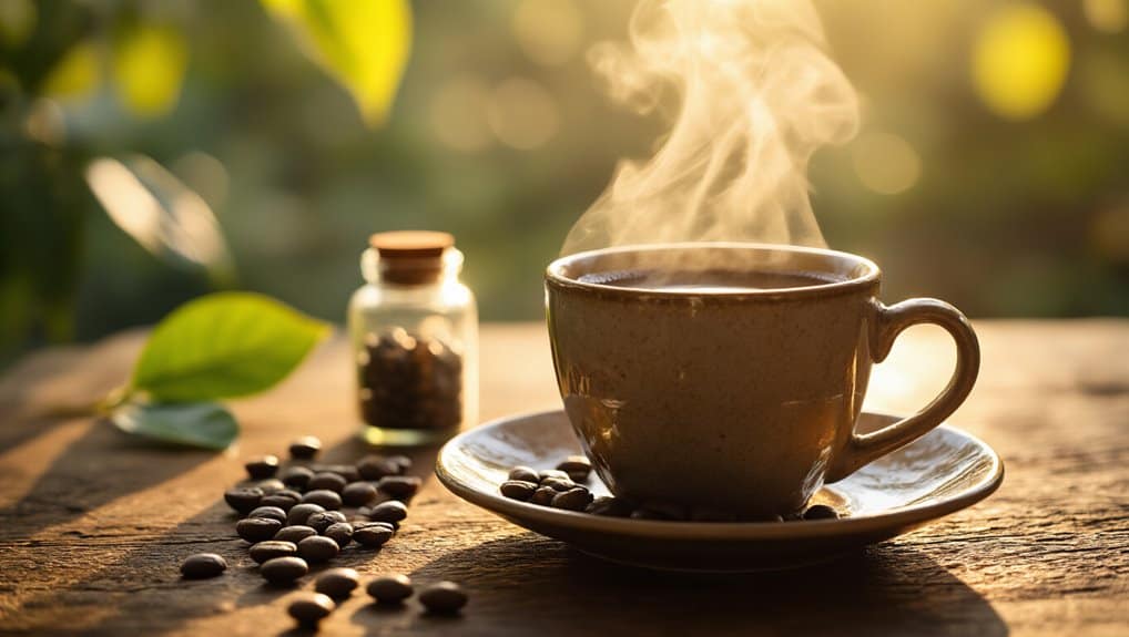 Rich hot coffee steaming in a ceramic cup on a wooden surface with coffee beans and a jar of coffee grounds in natural sunlight.