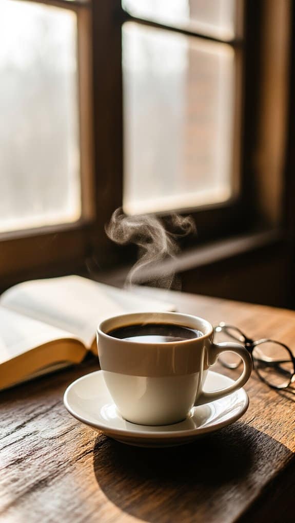 Steaming cup of black coffee on a wooden table with an open book and eyeglasses, near a window, creating a cozy atmosphere for relaxation or morning routine.