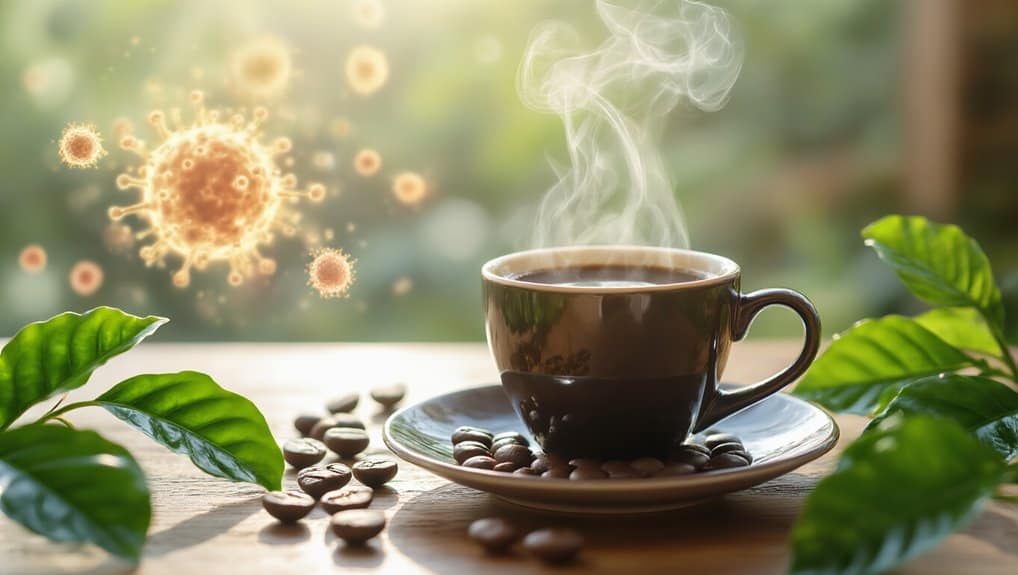 Antiviral coffee with steam rising, surrounded by coffee beans and green leaves, emphasizing health benefits and natural ingredients.