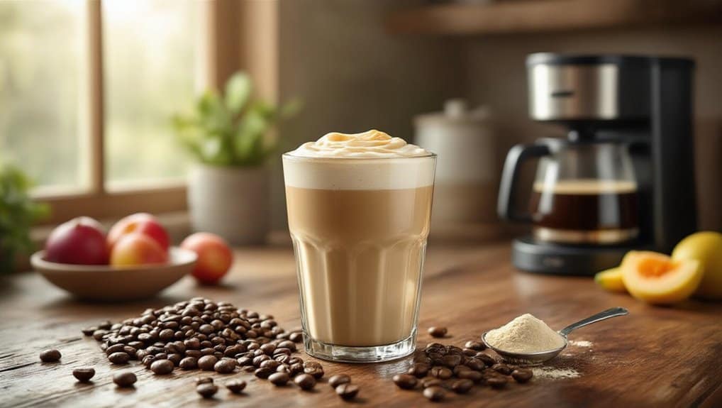 Creamy coffee beverage with whipped topping on wooden kitchen counter, surrounded by coffee beans, fresh fruit, and a coffee maker, emphasizing healthy lifestyle choices.