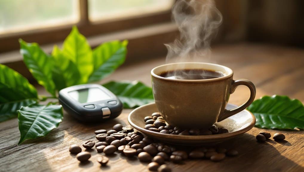 Coffee mug with steam, surrounded by coffee beans and green leaves, next to a glucose meter, on a wooden surface, emphasizing health and wellness tips for fitness enthusiasts.