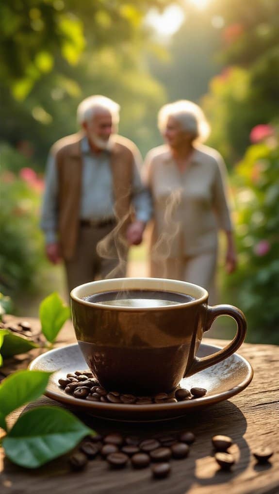 Relaxing elderly couple enjoying a walk in nature with a steaming cup of coffee in the foreground, emphasizing health, wellness, and leisure for seniors.
