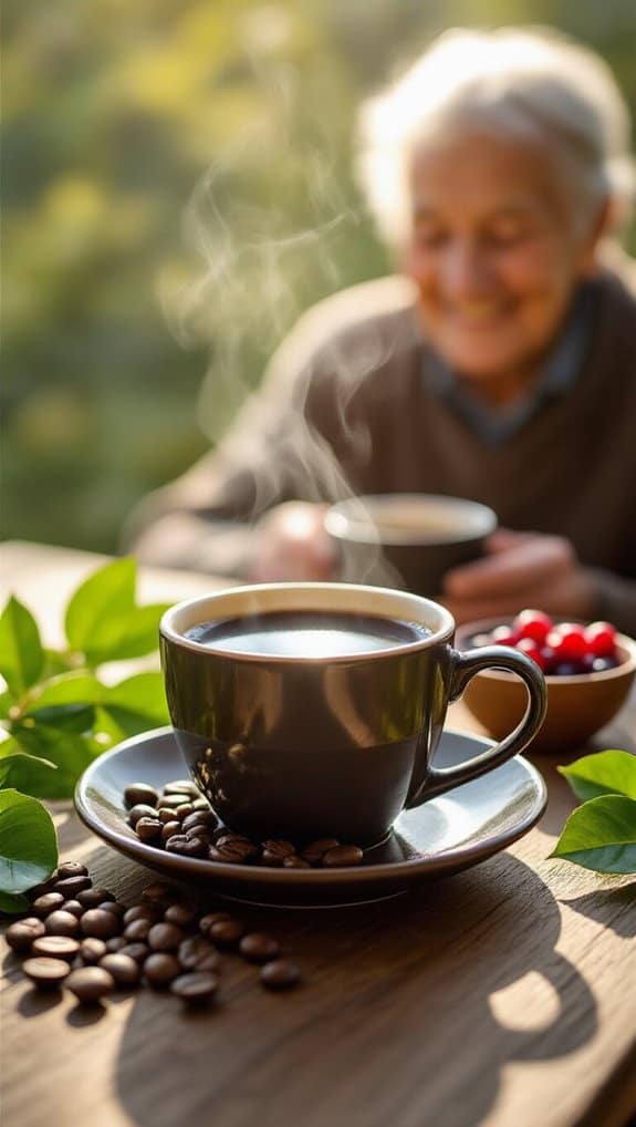 A steaming cup of coffee on a wooden table surrounded by coffee beans and green leaves, with an elderly woman smiling and enjoying a warm drink outdoors.