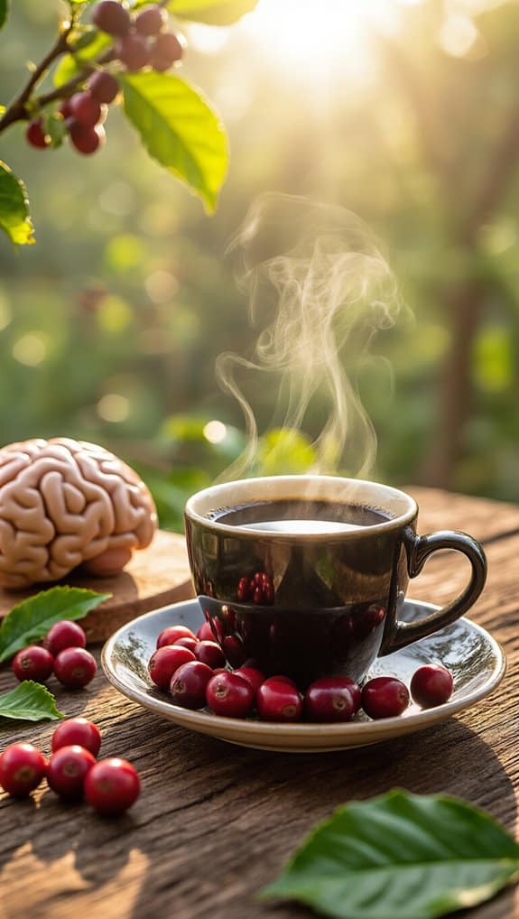 Rich coffee steaming in a cup with cranberries and a brain model nearby on a rustic wooden table, with a blurred outdoor background, sunlight filtering through leaves.