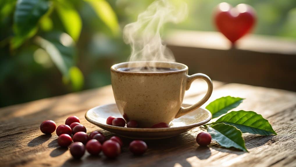 Steaming cup of hot coffee with fresh cranberries and green leaves on rustic wooden table, natural sunlight, healthy lifestyle, wellness, morning routine.