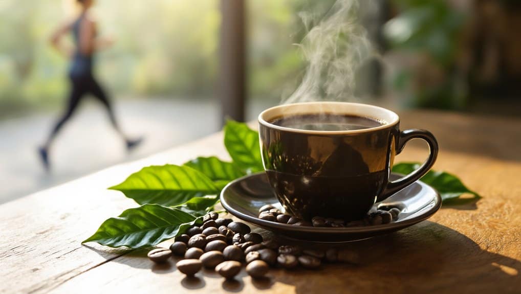 Rich black coffee in a steaming cup on a wooden table with coffee beans and green leaves, perfect for healthy lifestyle and fitness routines.