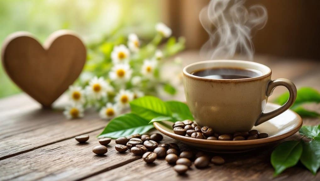 Coffee cup with steaming hot coffee on a wooden table, surrounded by coffee beans and green leaves, with a blurred background of flowers and a heart-shaped ornament.