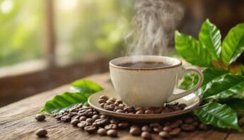 Rich, hot coffee in a ceramic cup with steam rising, surrounded by coffee beans and green leaves on a rustic wooden surface, bright natural light, cozy and inviting atmosphere.