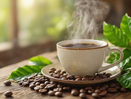 Rich, hot coffee in a ceramic cup with steam rising, surrounded by coffee beans and green leaves on a rustic wooden surface, bright natural light, cozy and inviting atmosphere.