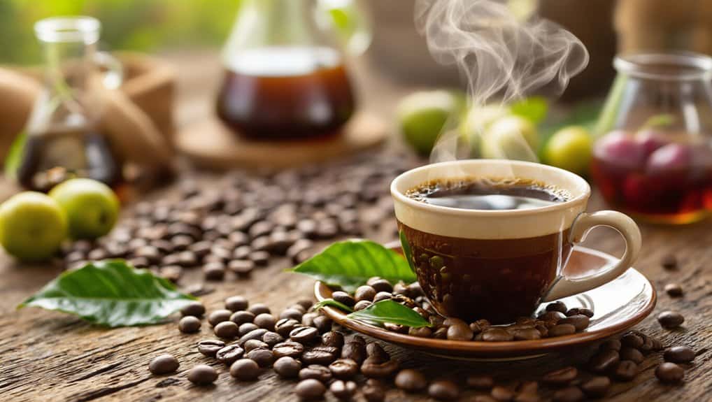Rich hot coffee in a cup surrounded by coffee beans, green leaves, and syrups on a rustic wooden table.