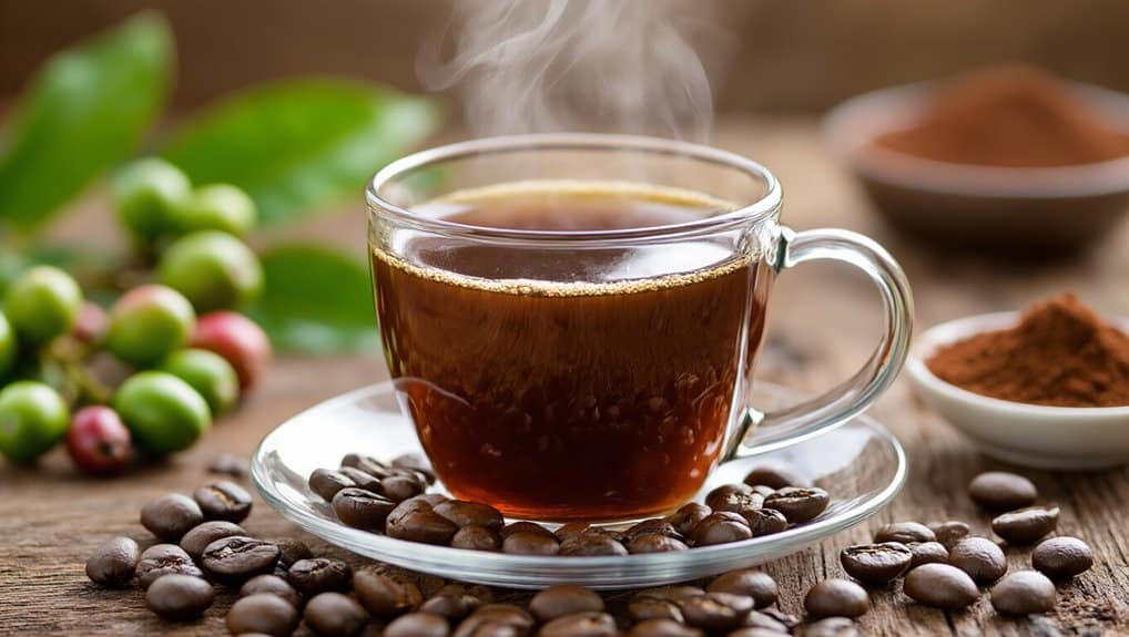 Rich dark coffee in a glass cup with coffee beans, cocoa powder, and fresh coffee cherries on rustic wooden background.