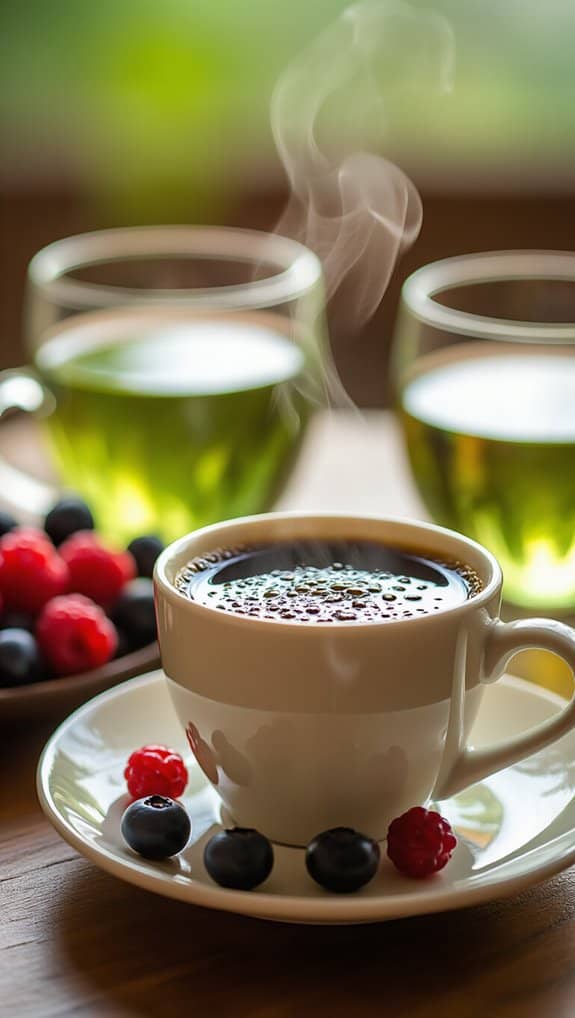 Steaming cup of black coffee on a saucer with fresh berries and herbal teas in the background, promoting health and wellness through natural beverages.