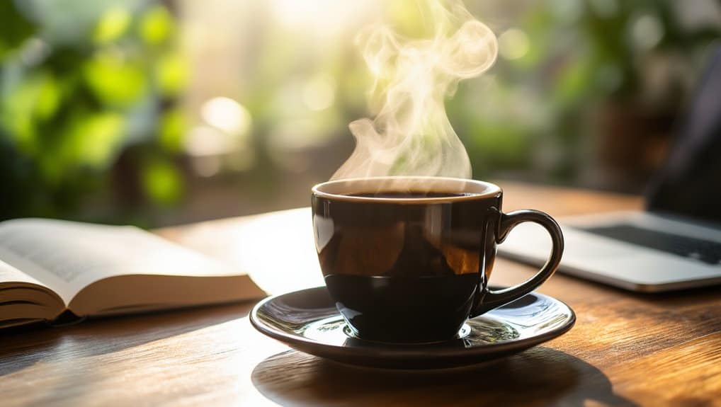 Warm cup of coffee on a wooden table with an open book and a laptop, representing a healthy, active lifestyle.