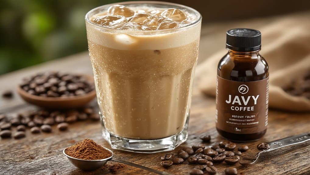 Creamy iced coffee beverage with coffee beans, Javy coffee bottle, and ground coffee on rustic wooden surface.