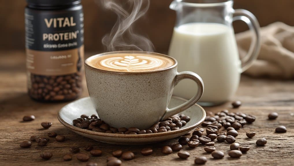 Steaming coffee latte in a textured cup on a wooden table with coffee beans, milk, and a protein supplement container in the background. Perfect for health and fitness enthusiasts.