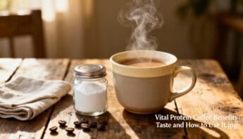 Vital Protein Coffee Benefits, Taste, and How to Use It 16 Rich coffee in a mug with steam on a wooden table, with a small jar of sugar, coffee beans, and a towel, cozy morning setting, healthy living, coffee benefits, fitness tips, nutrition, wellness, start to fit.