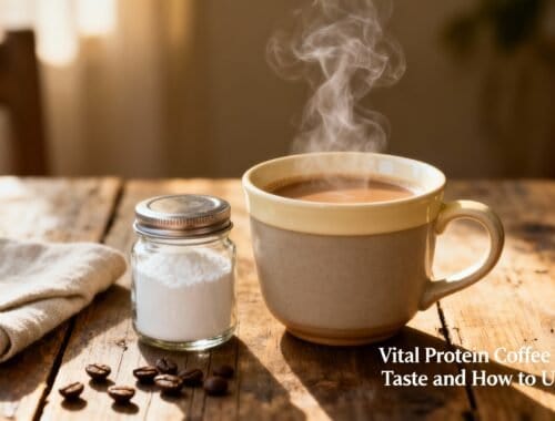 Rich coffee in a mug with steam on a wooden table, with a small jar of sugar, coffee beans, and a towel, cozy morning setting, healthy living, coffee benefits, fitness tips, nutrition, wellness, start to fit.