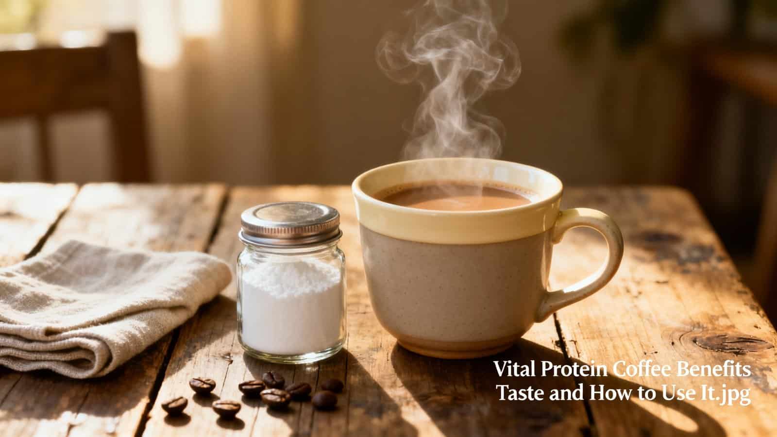Rich coffee in a mug with steam on a wooden table, with a small jar of sugar, coffee beans, and a towel, cozy morning setting, healthy living, coffee benefits, fitness tips, nutrition, wellness, start to fit.