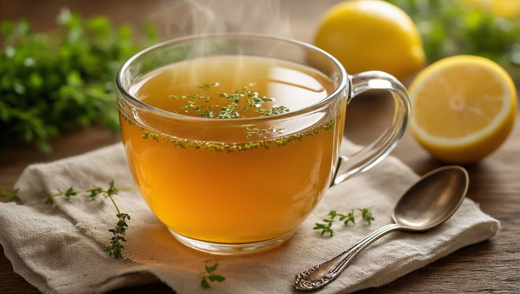 Warm herbal tea in a glass cup with lemon and fresh herbs, ideal for health and wellness.
