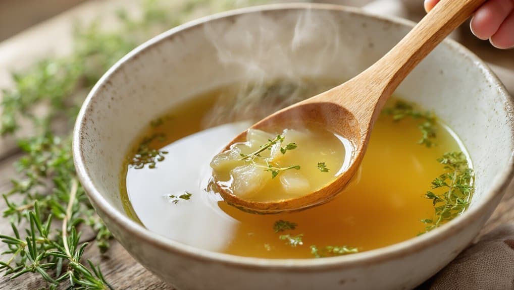 Warm homemade chicken or vegetable broth served in a rustic bowl with fresh herbs, perfect for health and wellness nourishment.