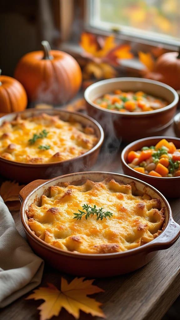 Mashed potato casserole with pumpkin pumpkins and warm autumn background.