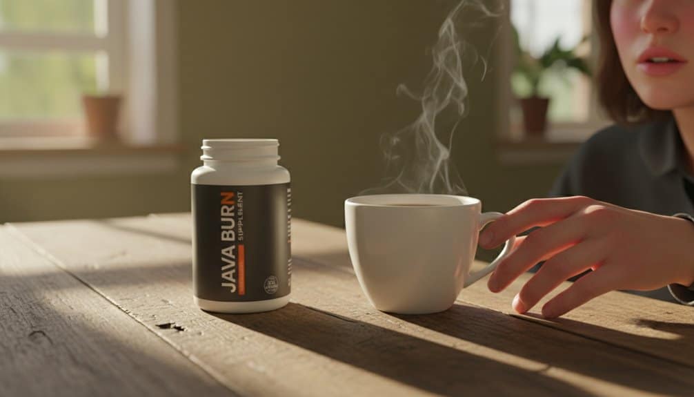 Java Burn Side Effects: What Doctors Aren't Telling You 2 Alt text: A jar of Java Burn supplement next to a steaming coffee cup on a wooden table, with a person reaching for the cup in a bright, cozy room.