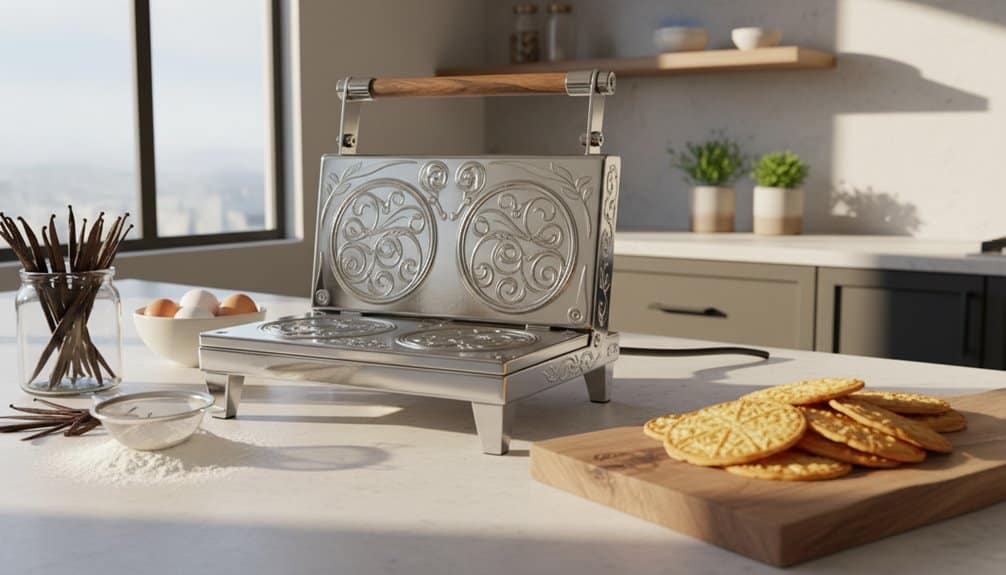 Stylish mini waffle maker on a modern kitchen countertop with baking ingredients and crackers, perfect for quick healthy meals or snacks.