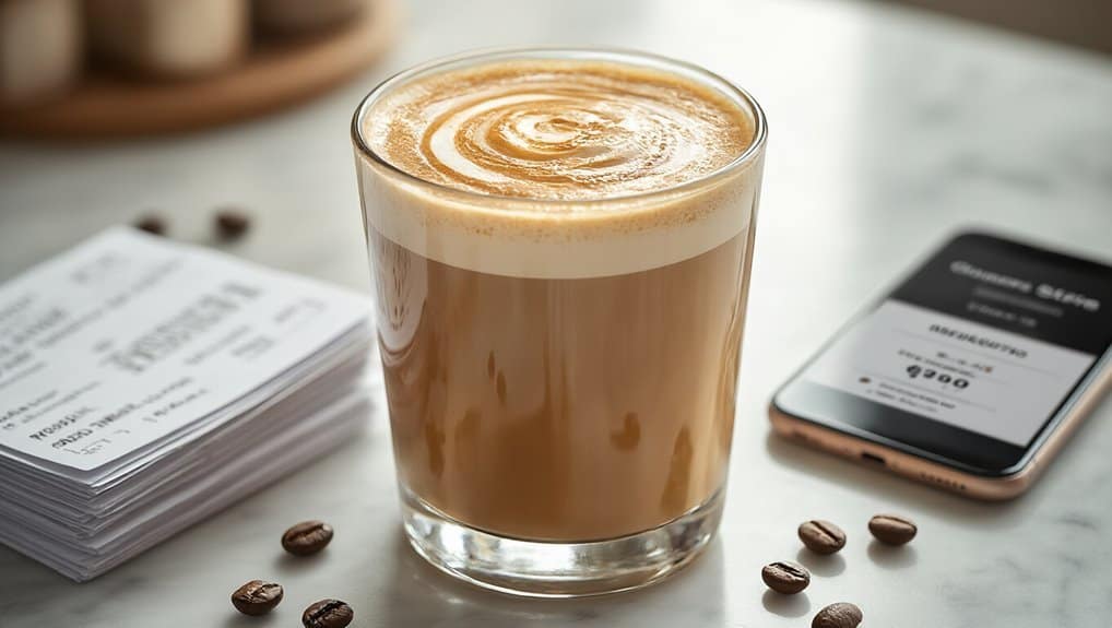 Creamy iced coffee sitting on a table with a smartphone displaying a mobile order, receipts, and coffee beans scattered around. Perfect for coffee lovers and those seeking quick nutrition tips from Start to Fit.