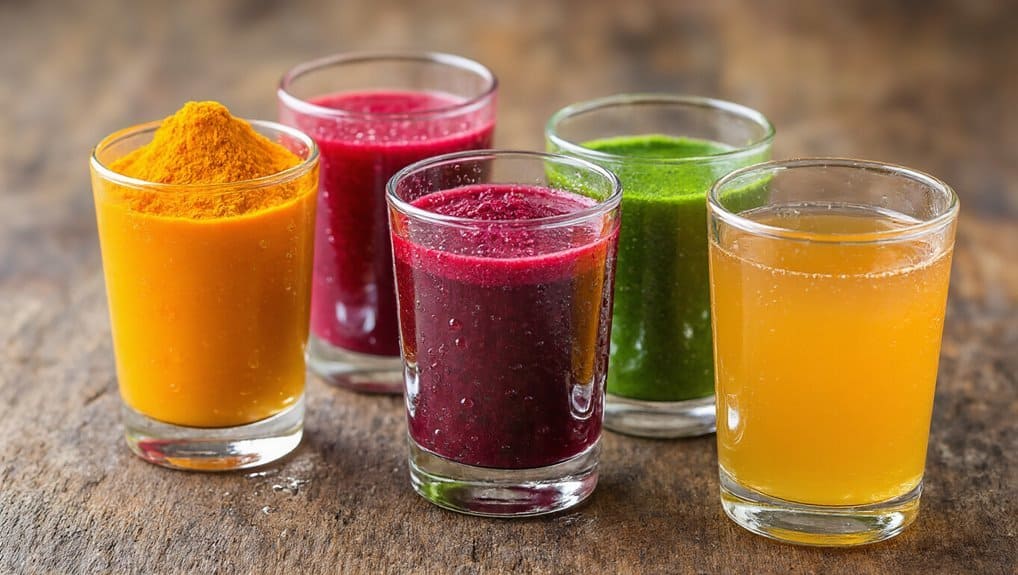 Healthy Drink Shots Quick Wellness Boosts That Actually Work 2 Vibrant colorful smoothies and juice shots with different herbs and fruit extracts on a rustic wooden surface for health and wellness.