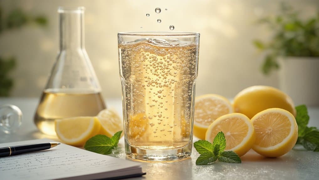 Refreshing lemon soda with bubbles in a glass, healthy drink, citrus fruits, and mint leaves on a bright table.