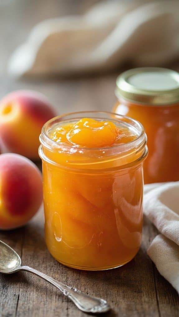 Homemade Peach Jam recipe 3 Sweet peach jam in a glass jar with fresh peaches in the background, highlighting healthy homemade fruit preserves and natural ingredients for a nutritious diet.