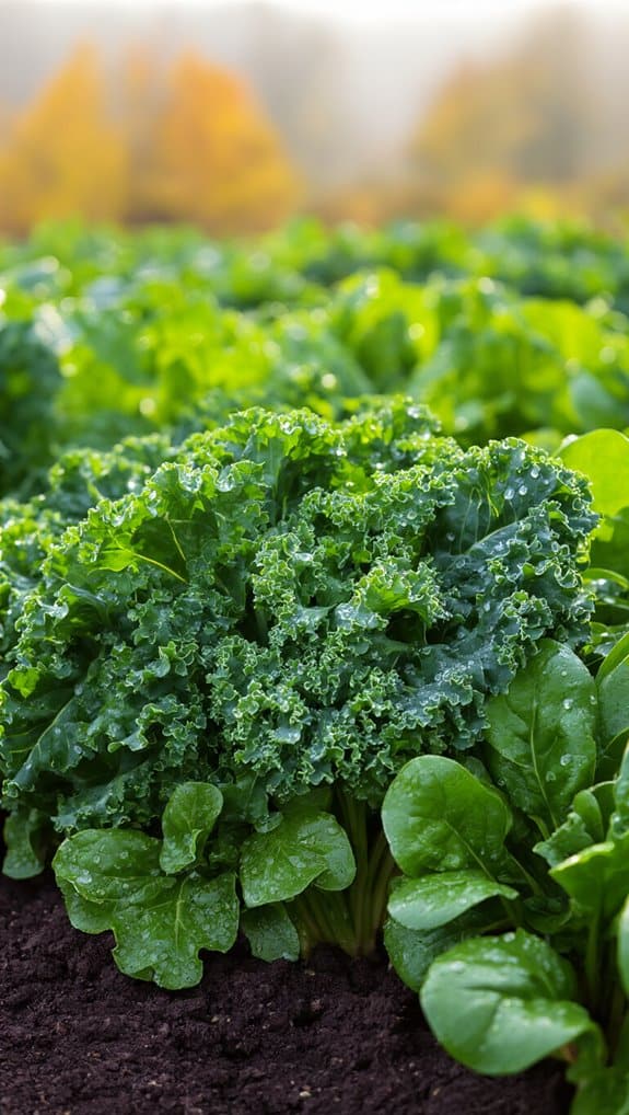 Nutritious Fall Season Vegetables You Should Eat This Season 2 Kale growing in a garden with dewdrops on its leaves, vibrant green color, and healthy appearance.