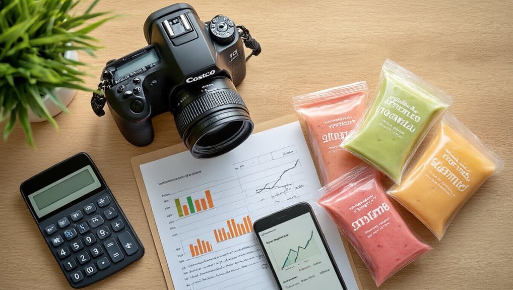 Smoothie diet cleanse with colorful fruit and vegetable refreshment packs, a camera, smartphone, calculator, and financial charts on a wooden surface for health and fitness planning and content creation.