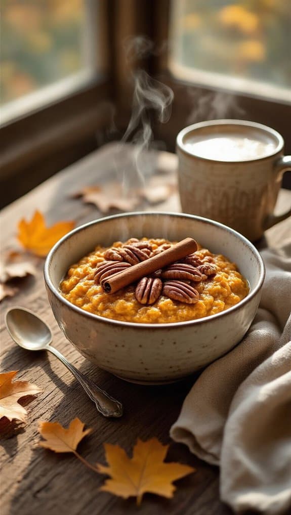 Creamy pumpkin porridge topped with pecans and a cinnamon stick, served with a warm cup of coffee in a cozy setting. Perfect for a nutritious and comforting breakfast during autumn.