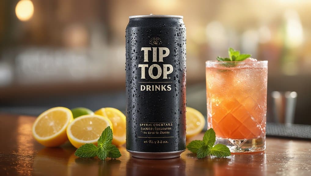 Tip Top Drinks canned cocktail with fresh lemon slices and mint garnish on a wooden surface.