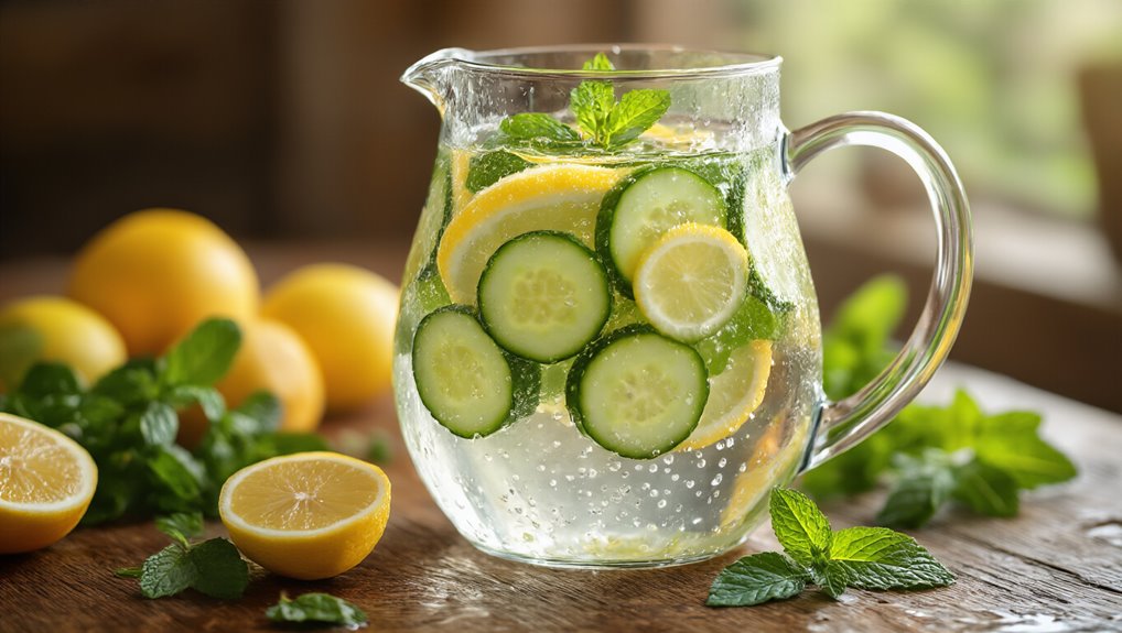 Refreshing infused water with cucumber and lemon slices in a glass jug, surrounded by fresh lemons and mint leaves on a wooden surface.