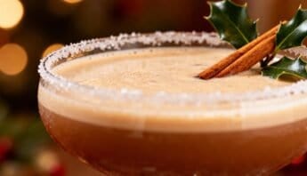 Delicious holiday-themed cocktail with cinnamon sticks and holly garnish, ideal for winter festivities and emphasizing balanced, festive drinks.
