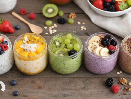 Vibrant yogurt parfaits topped with fresh berries, kiwi, and granola, showcasing nutritious and delicious options for a healthy diet.