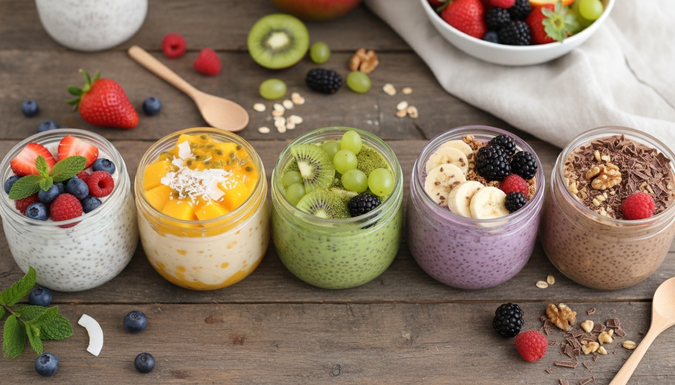 Vibrant yogurt parfaits topped with fresh berries, kiwi, and granola, showcasing nutritious and delicious options for a healthy diet.