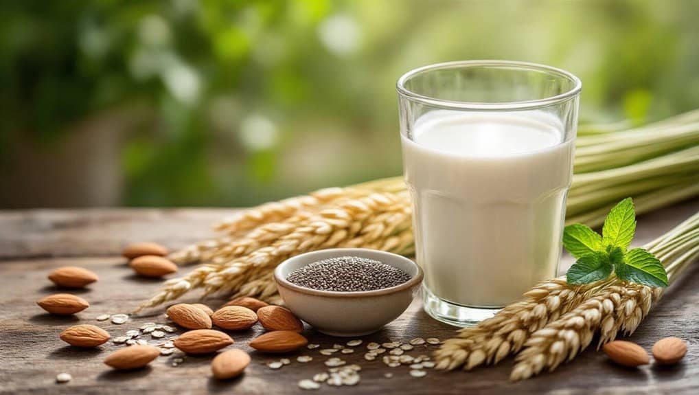Rich plant-based milk with almonds, oats, chia seeds, and fresh mint on rustic wooden table, promoting healthy lifestyle and nutritious diet options for wellness.