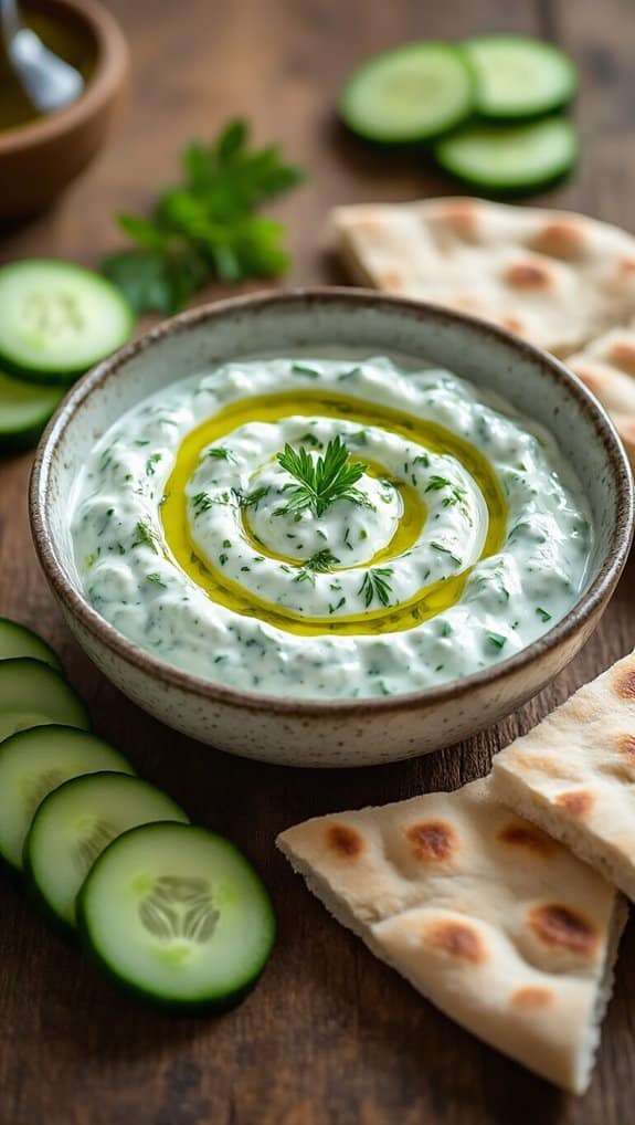 Creamy cucumber and Greek yogurt dip garnished with parsley, drizzled with olive oil, served with fresh cucumber slices and warm pita bread on a rustic wooden background for healthy snacking.