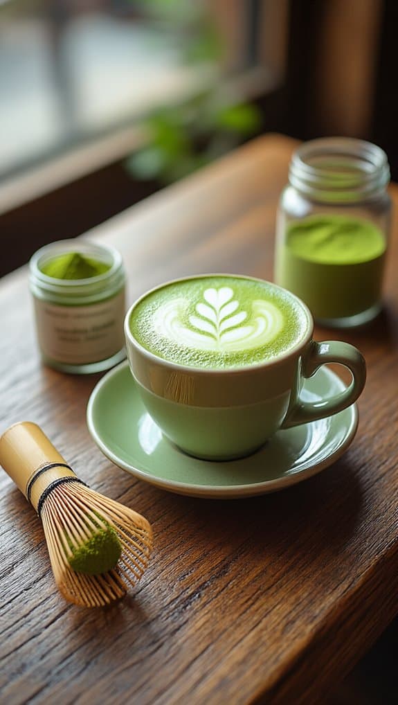 Matcha green tea latte with latte art and energetic findings in a cozy cafe setting.
