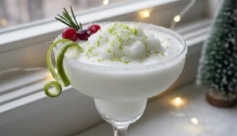 Delicious holiday-themed white cocktail garnished with red berries, lime peel, and whipped cream, perfect for celebrating health and wellness during festive seasons.