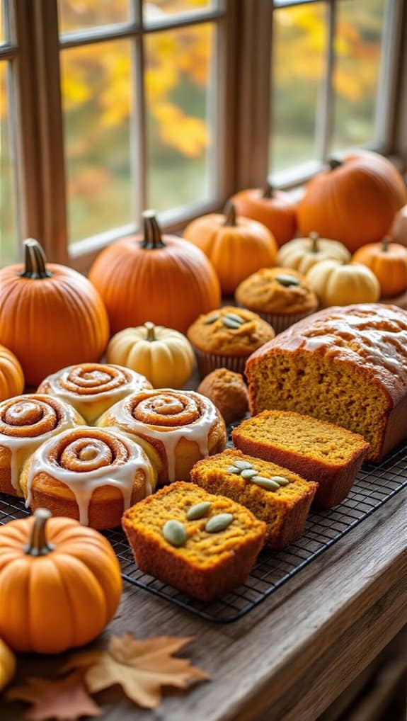 Pumpkin spice bread and pumpkin-shaped cookies displayed on a window sill with autumn leaves outside.