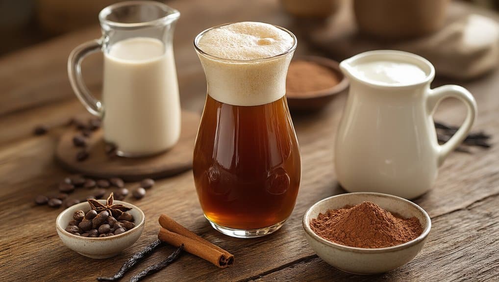 Protein Coffee Concentrate Brew Once, Sip All Week 4 Rich, creamy coffee beverages with milk, spices, and cocoa on a rustic wooden table, perfect for a cozy morning or afternoon break.