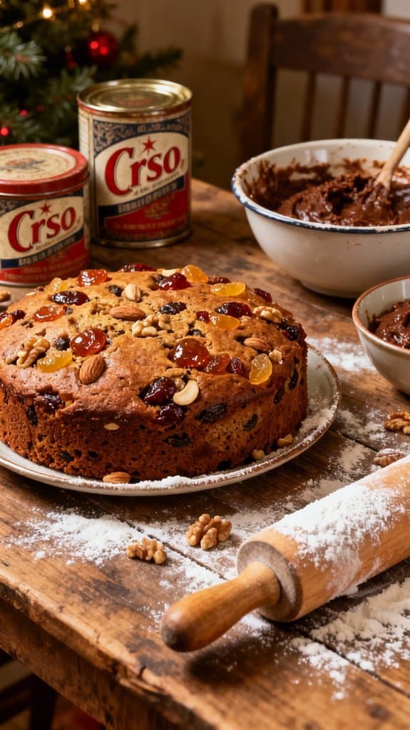 Vintage Crisco Christmas Baking Recipes That Still Shine 2 Delicious homemade fruitcake topped with nuts and dried fruits, surrounded by baking ingredients and chocolate frosting, perfect for holiday celebrations.