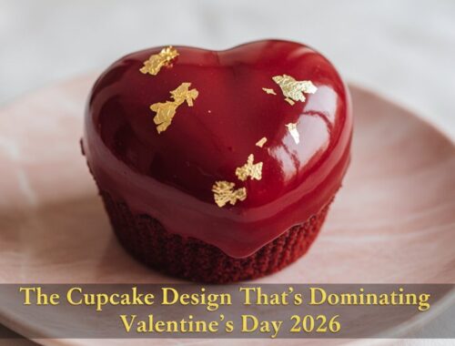 Delicious red heart-shaped Valentine’s Day cake with shiny glaze and edible gold leaf, set on a soft pink plate for a romantic celebration.