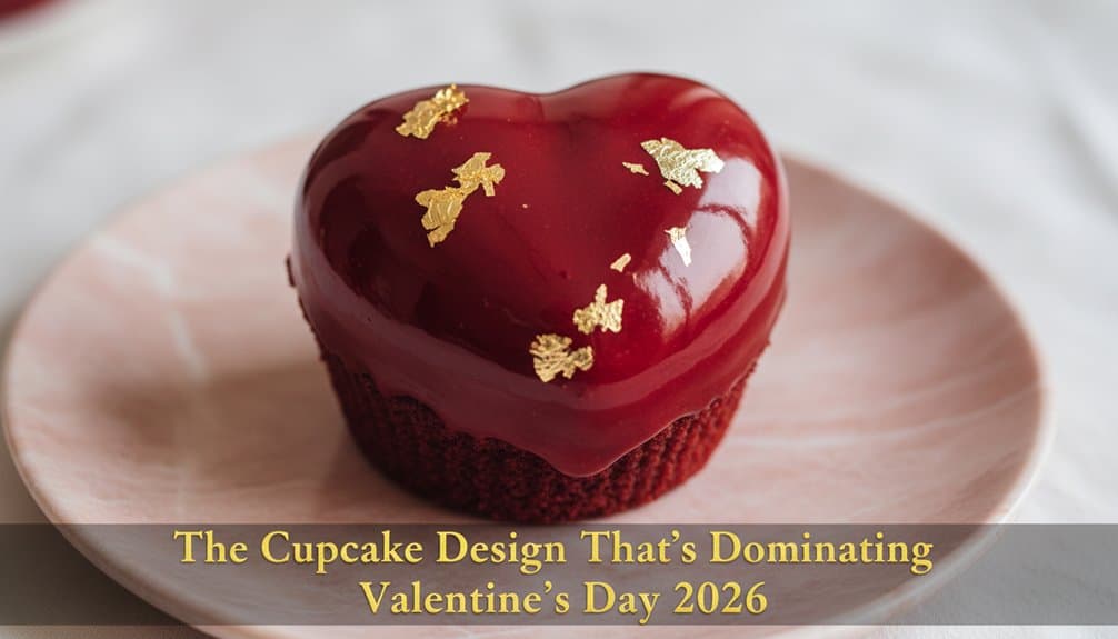 The Cupcake Design That's Dominating Valentine's Day 2026 1 Delicious red heart-shaped Valentine’s Day cake with shiny glaze and edible gold leaf, set on a soft pink plate for a romantic celebration.