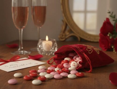 A romantic setup with chocolates, roses, and sparkling drinks for Valentine's Day, featuring a love note, candles, and decorative petals creating a perfect celebration atmosphere.